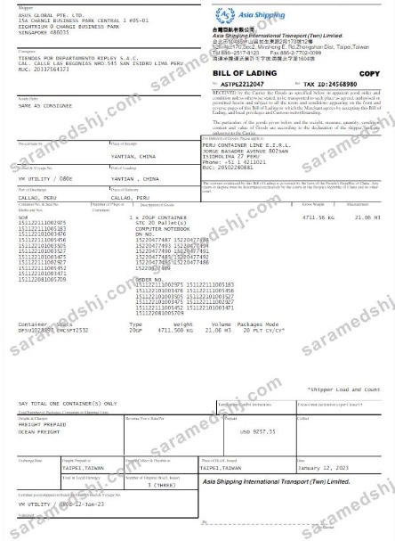 SINGAPORE ASIA SHIPPING utility bill Word and PDF template